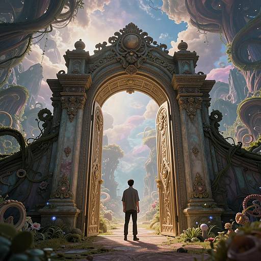 Digital fantasy artwork: A man in a suit stands at an ornate, sunlit, gate archway, surrounded by surreal, vine-covered trees and