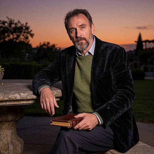 Elegant Bearded Man in Garden at Dusk