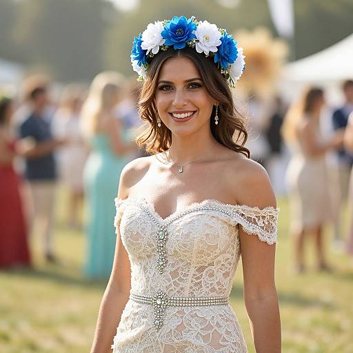 Photograph of a smiling woman with wavy brown hair, wearing a white lace off-shoulder dress, blue and white flower crown, standing outdoors