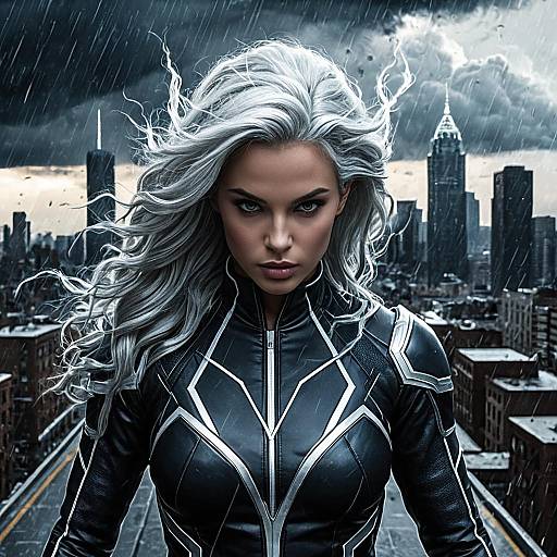 Storm-Inspired Superhero in Stormy Cityscape