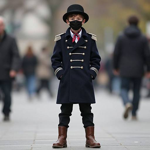 Photograph of a young boy in a black military-style coat, top hat, mask, black pants, and brown boots, standing in a blurred city