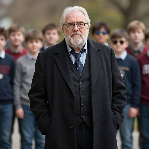 Photograph of an elderly white man with a white beard, black suit, blue tie, and glasses, standing in front of a blurred group of young