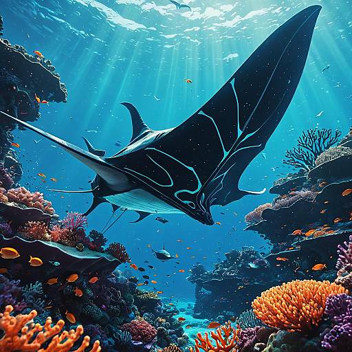 Futuristic Giant Manta Ray Over Coral Reef