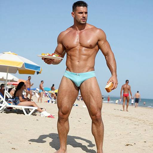 Muscular, shirtless man with short black hair in light blue swim briefs walks beach, holding sandwich and drink, sunny day, people and umb