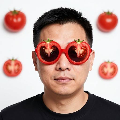 Photograph of Asian man with short black hair, wearing red tomato-shaped sunglasses, black shirt, and white background with four blurred tomatoes.