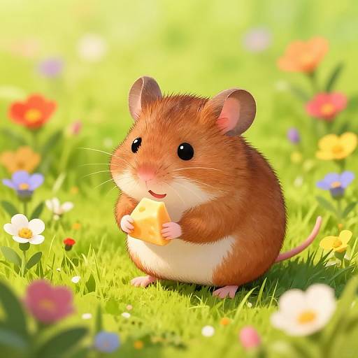 Cute, fluffy brown mouse with black eyes and pink ears, eating a slice of orange cheese in a sunlit, colorful meadow. Digital illustration