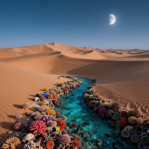 Photograph of vibrant coral reef in turquoise water flowing through desert sand dunes under a clear blue sky with a crescent moon.