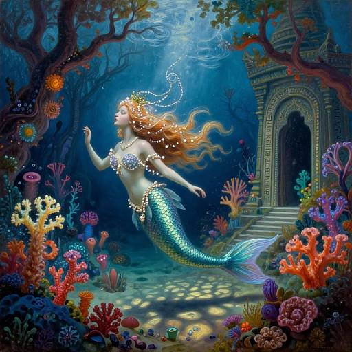 Digital fantasy artwork of a glowing mermaid with long orange hair, pearl necklace, and shimmering scales, swimming in a vibrant underwater garden with colorful coral