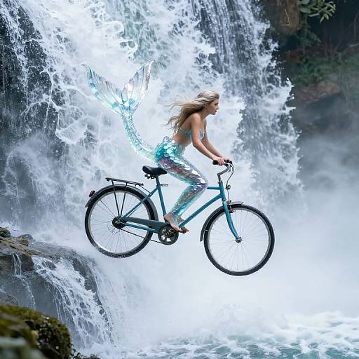 Photograph of a blonde woman with long hair, wearing a turquoise top and pants, riding a blue bicycle over a powerful, white-water waterfall.