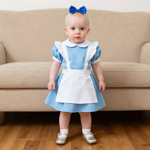 Photorealistic CGI of a bald baby with blue eyes, wearing a blue dress with white apron, white collar, blue bow, and silver shoes