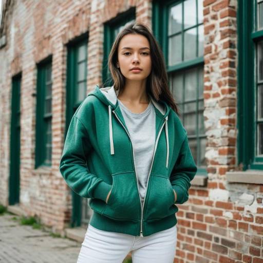 Young Woman in Green Hoodie by Brick Wall