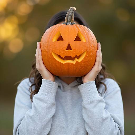 Photograph of a woman with long brown hair, wearing a gray hoodie, holding a carved orange pumpkin with a smiling jack-o'-lantern face,