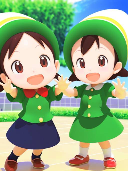 Two Cheerful Cartoon Girls in Green Outfits