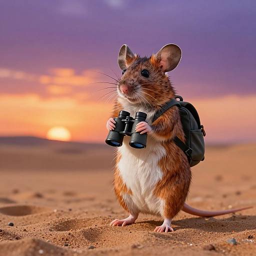 Photorealistic image of a brown and white mouse standing in a desert at sunset, holding binoculars and wearing a backpack.