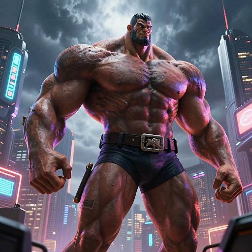 Giant Neon Bodybuilders Over Futuristic City