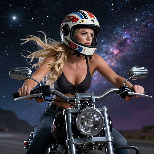 Photograph of a blonde woman with large breasts, wearing a black bikini top, red, white, and blue helmet, riding a motorcycle under a star