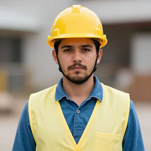 Photograph of a young, bearded man with medium skin tone, wearing a yellow hard hat and yellow safety vest over a blue shirt, standing in