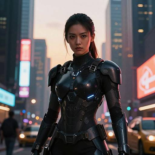 Photorealistic CGI of an Asian woman in a glossy, black, armored suit standing in a neon-lit, bustling city street at dusk.