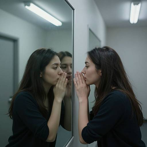 Photograph of a young woman with long dark hair, wearing a black top, kissing her reflection in a mirror in a brightly lit, white-walled