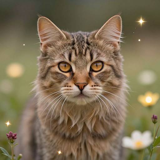 Photograph of a focused, fluffy tabby cat with yellow eyes, surrounded by blurred flowers and sparkling light effects in a garden.