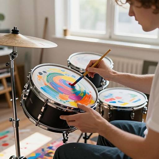 Photograph of a young man with curly hair, playing a brightly swirled drum with wooden sticks, in a sunlit room.