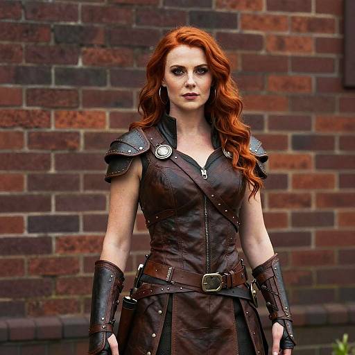 Woman in Leather Armor Standing Against Brick Wall