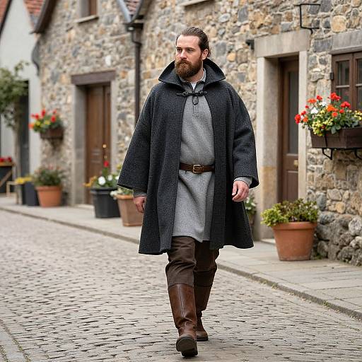 Bearded Man Strolling Quaint Medieval Village