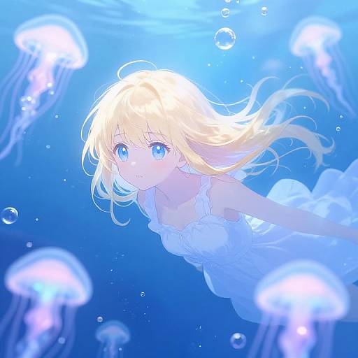 Anime-style digital illustration of a blonde girl with blue eyes, wearing a white dress, floating underwater surrounded by glowing jellyfish.