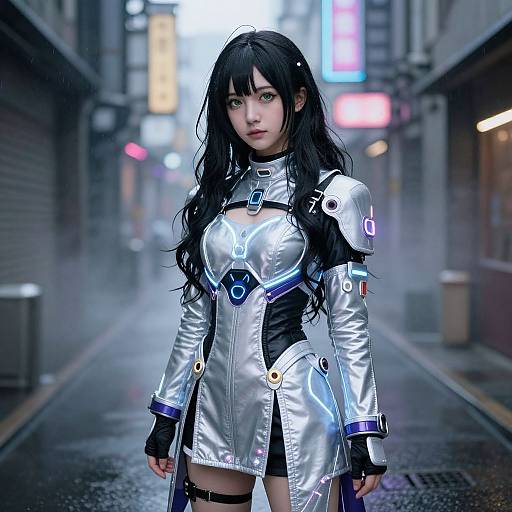 CGI anime girl with long black hair, silver and black futuristic armor, standing on a neon-lit, rainy urban street.