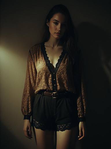 Chic Woman in Sheer Blouse and Lace Shorts