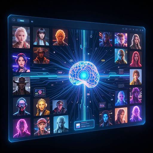 Digital art of a futuristic tablet displaying a neon blue brain icon at the center, surrounded by 16 colorful character portraits.