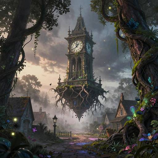 Fantastical digital artwork of a floating, gothic clock tower surrounded by enchanted forest, glowing lights, and whimsical, fairy-tale cottages