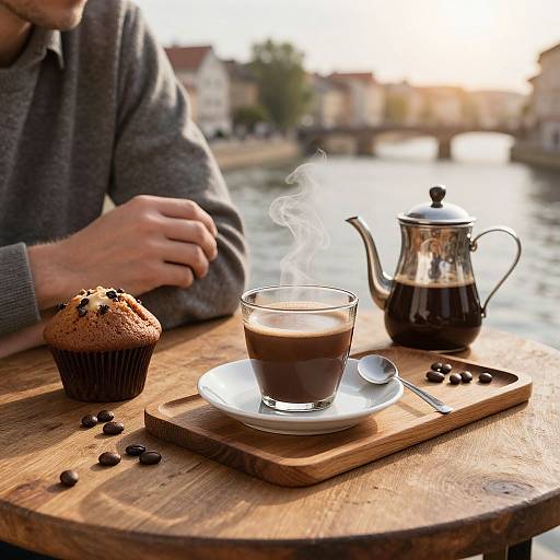 Photograph of a person in a gray sweater, hands resting, sipping hot chocolate with steam, beside a muffin and teapot on a wooden