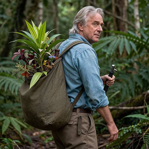Photograph of an older white man with gray hair, wearing a blue shirt and brown pants, carrying a plant-filled backpack and holding a camera in a
