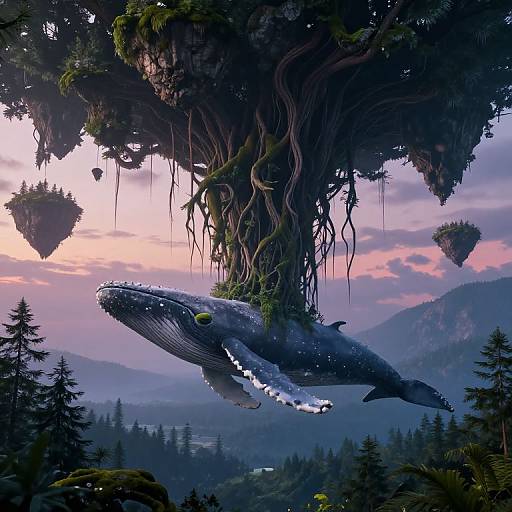 Digital fantasy artwork of a giant whale suspended by vines among floating islands, against a twilight mountain forest backdrop.