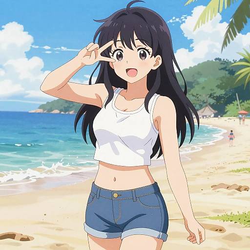 Playful Anime Girl at Beach