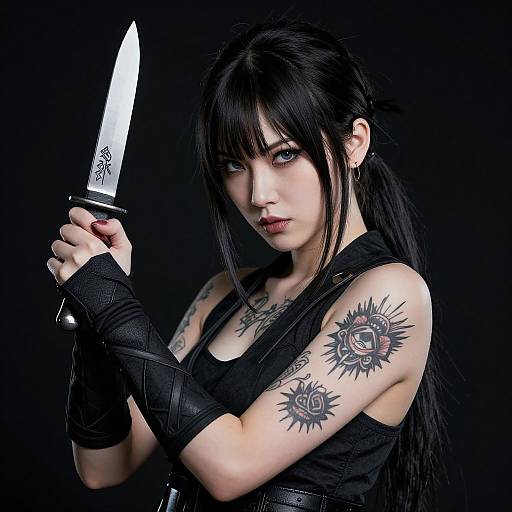 Photograph of a pale-skinned, black-haired woman with blue eyes, holding a knife, wearing black sleeveless top and gloves, with sun and
