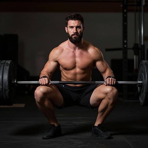 Muscular Man Squatting with Barbell