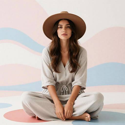 Woman in Brown Hat Sitting Cross-legged