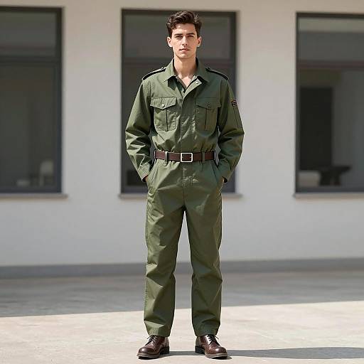 Man in Olive Green Military-Style Jumpsuit