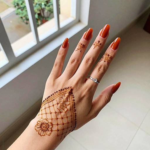 Hand with Orange-Red Nails and Henna