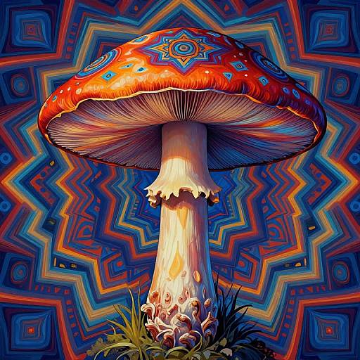 Vibrant digital artwork of a large, red-spotted mushroom with intricate patterns, standing on grass, against a psychedelic blue, orange, and yellow