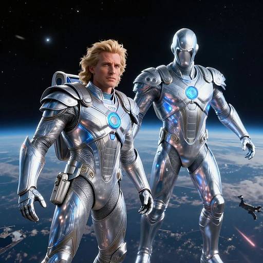Photorealistic CGI of a blonde, muscular man in shiny silver armor with blue glowing chest plates, standing beside a silver, featureless robotic counterpart,