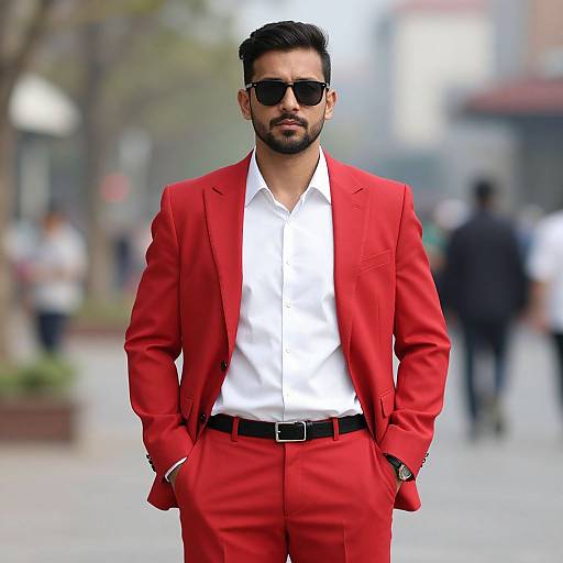 Photograph of a stylish man with dark hair and beard, wearing black sunglasses, white shirt, and bright red suit with black belt, standing confidently in