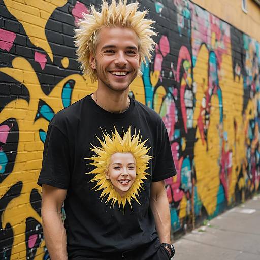 Smiling man with spiky yellow hair and mural background