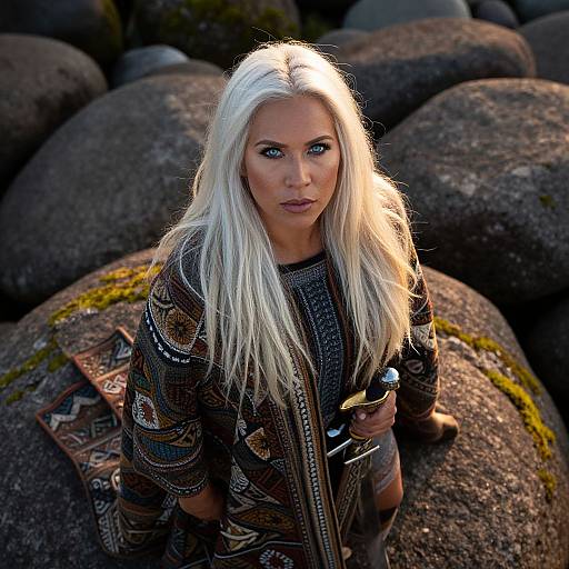 Photograph of a blonde woman with long hair, wearing a patterned, dark-colored jacket, standing among large, moss-covered rocks, holding a small