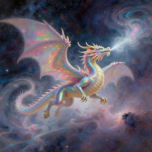 Vibrant, multi-colored dragon with iridescent scales and wings breathes a glowing blue flame in a cosmic, star-filled space background. Digital