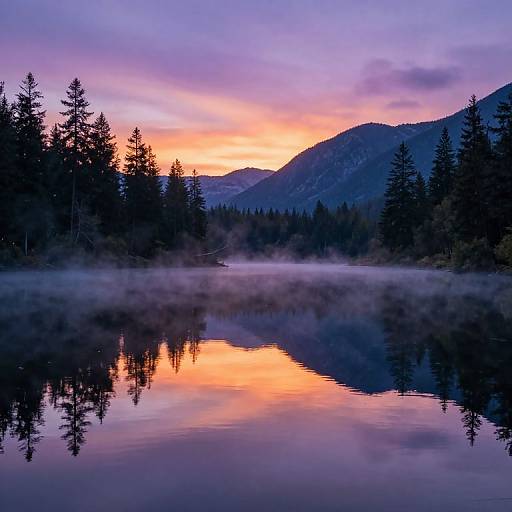 Photograph of a serene lake at sunset, reflecting vibrant purple, pink, and orange skies, surrounded by dark silhouetted pine trees and mist