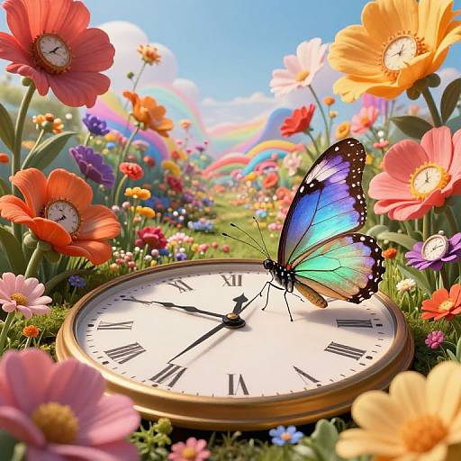 Photorealistic CGI of a colorful butterfly perched on a round clock surrounded by vibrant, blooming flowers under a bright blue sky.