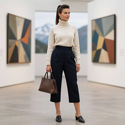 Photograph of a woman in a white turtleneck, black high-waisted pants, black loafers, and brown handbag, standing in